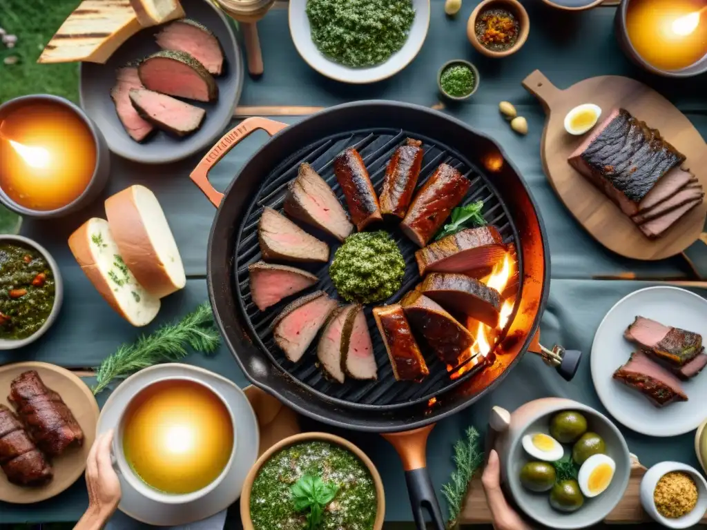 Una escena de un tradicional asado uruguayo con amigos y familia disfrutando, rodeados de deliciosos platos