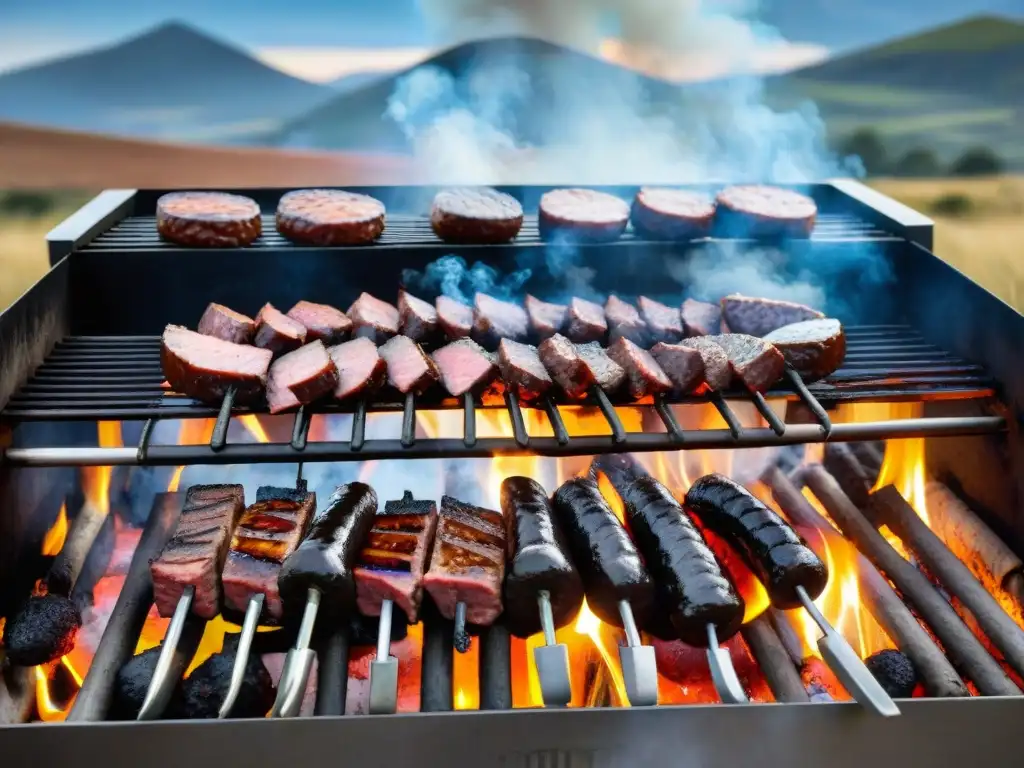 Escena de la tradicional parrillada uruguaya con gauchos, carnes y chorizos cocinándose al aire libre en el campo