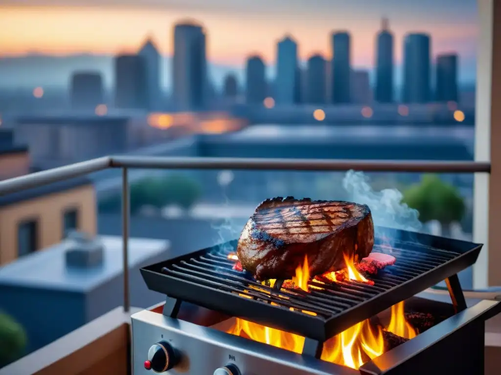 Escena urbana: parrilla compacta en balcón, asando carne con técnicas de asado en espacio limitado