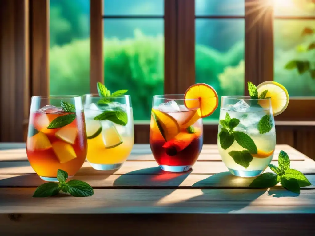 Una escena veraniega con bebidas refrescantes en un asado, adornadas con frutas y menta