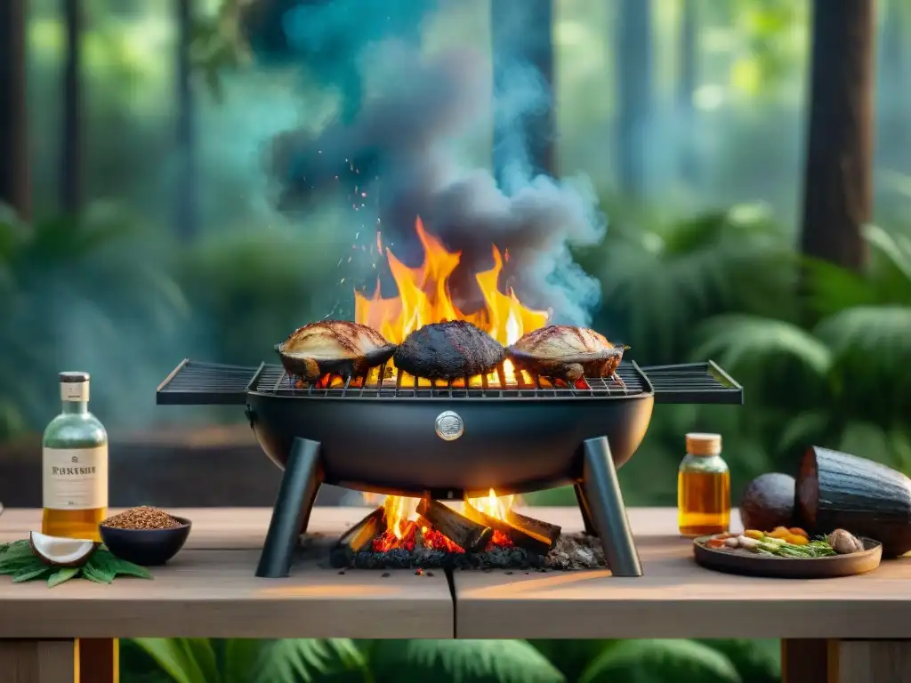 Barbacoa sostenible en bosque verde: armonía eco-friendly Escena de bosque verde vibrante con una parrilla sostenible rodeada de combustibles ecológicos para asados, en armonía con la naturaleza
