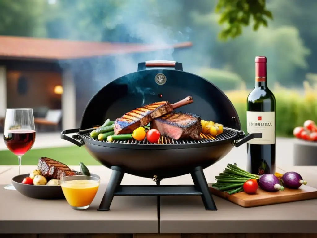 Una escena vibrante de barbacoa al aire libre con grill sizzling y vinos, perfecta para 'Consejos para asador novato parrilla'