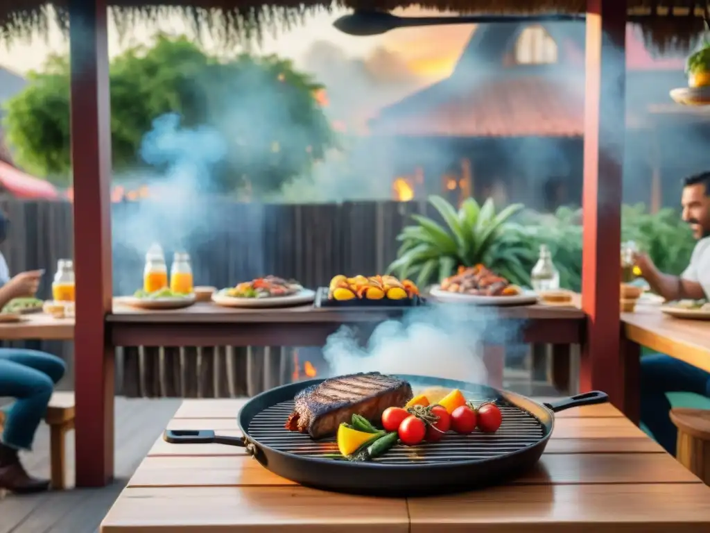 Una escena vibrante de barbacoa al aire libre en un restaurante rústico uruguayo con opciones de asado saludables