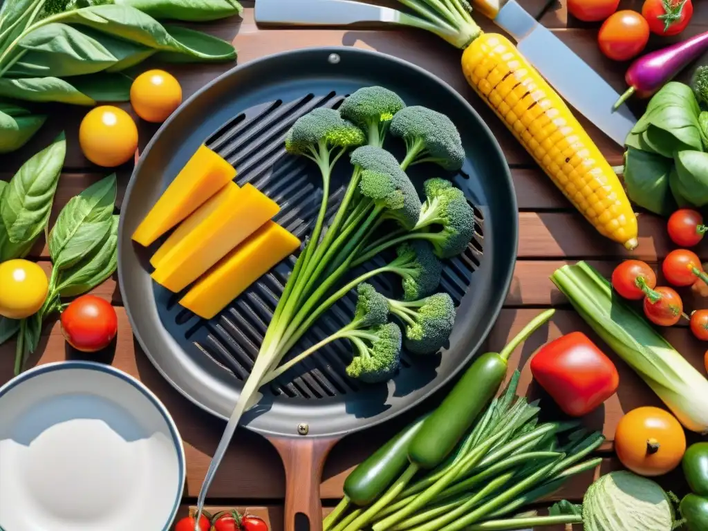 Una escena vibrante de barbacoa al aire libre con ingredientes sostenibles para asado en un jardín verde exuberante