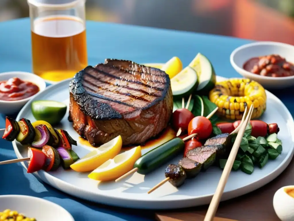 Una escena vibrante de barbacoa al aire libre con una fusión de productos locales e internacionales en la parrilla al atardecer