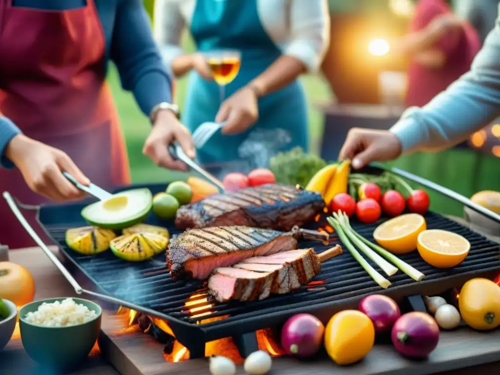 Escena vibrante de barbacoa al aire libre con variedad de carnes y vegetales, grupo diverso disfrutando