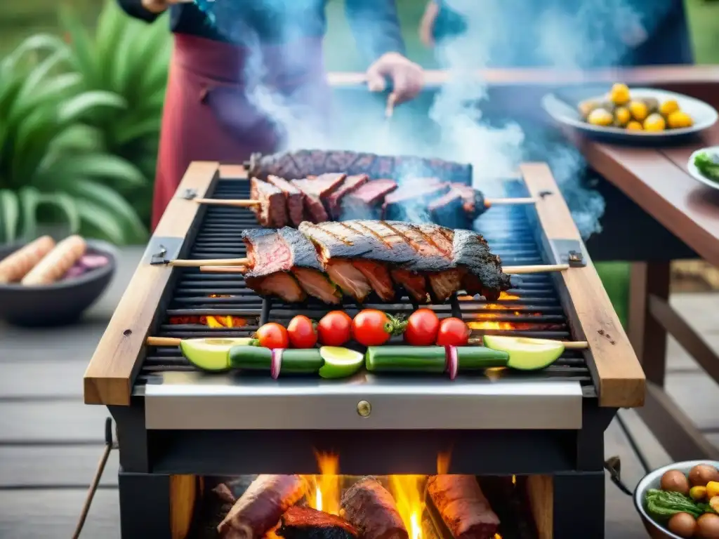 Una escena vibrante de amigos y familia disfrutando de un asado uruguayo, rodeados de verduras y carnes a la parrilla