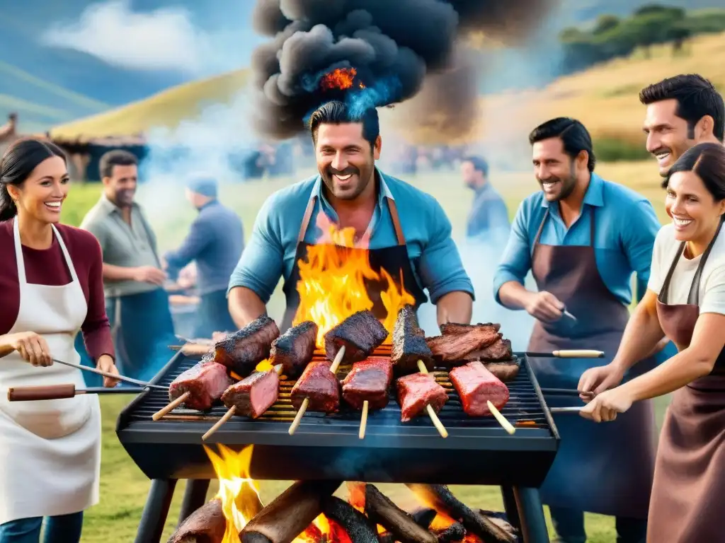 Una escena vibrante de amigos disfrutando de un tradicional asado uruguayo en el campo