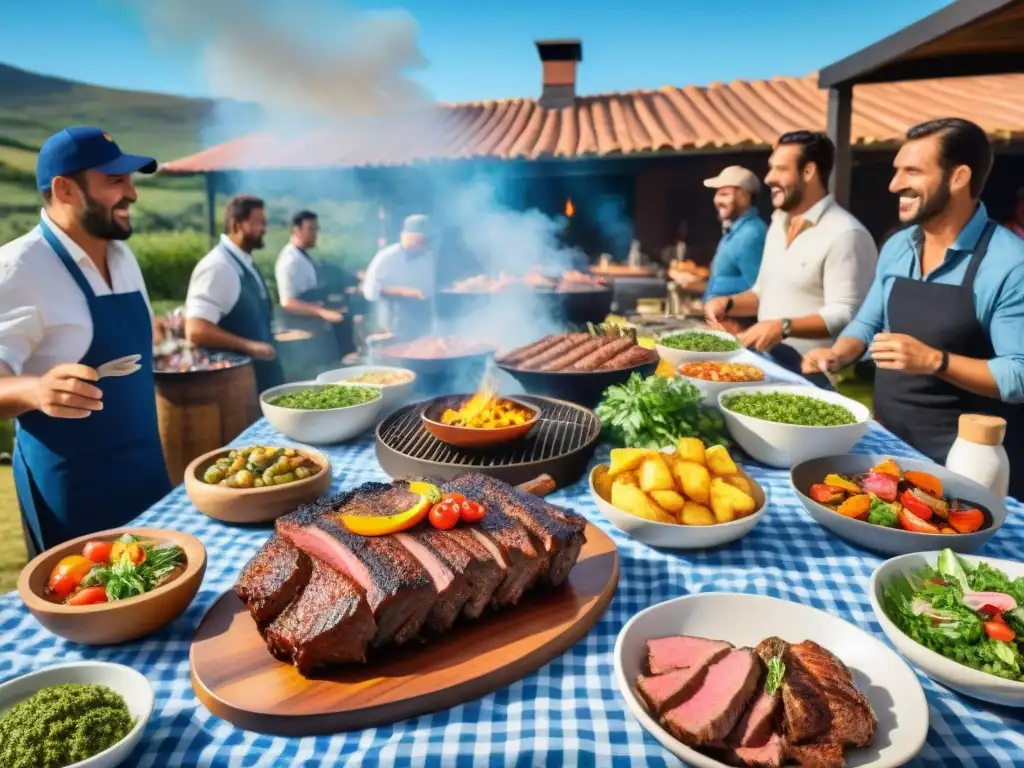 Una escena vibrante de un asado al aire libre en Uruguay con una mesa rebosante de carne a la parrilla, ensaladas coloridas y chimichurri