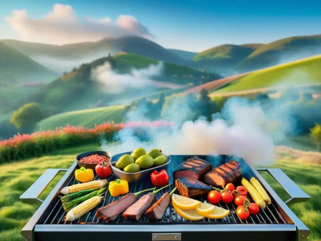 Una escena vibrante de asado al aire libre con diversidad de alimentos saludables, rodeada de naturaleza y personas felices