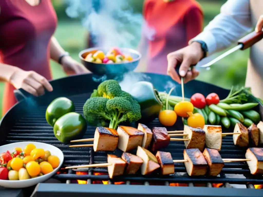 Una escena vibrante de asado al aire libre con comida vegana colorida y amigos disfrutando