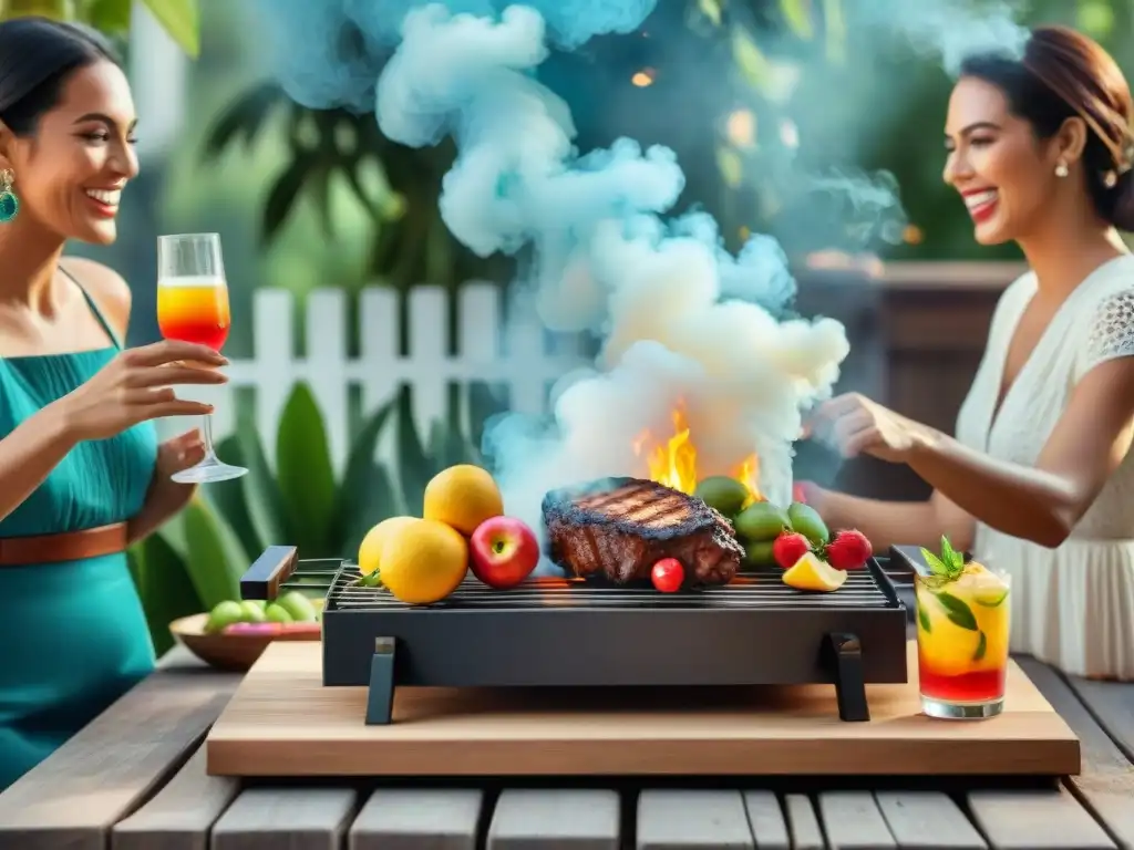 Una escena vibrante de un asado al aire libre en verano con bebidas refrescantes y amigos riendo