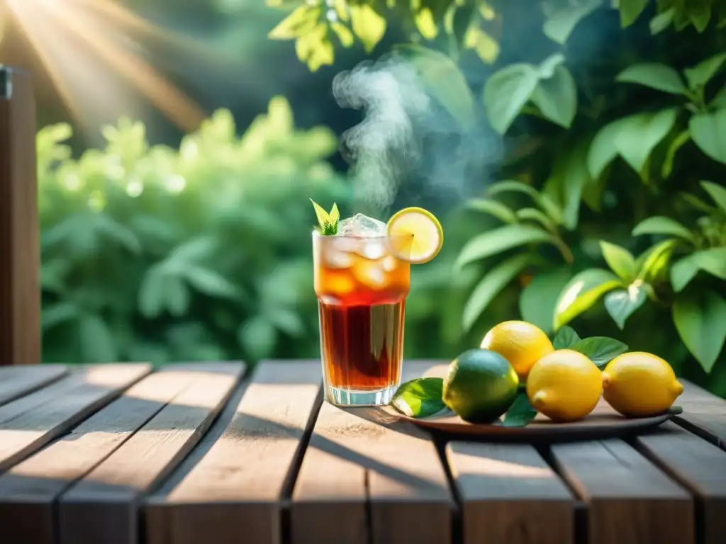 Una escena vibrante de un asado al aire libre en un día soleado de verano con bebidas refrescantes en una mesa de madera rústica