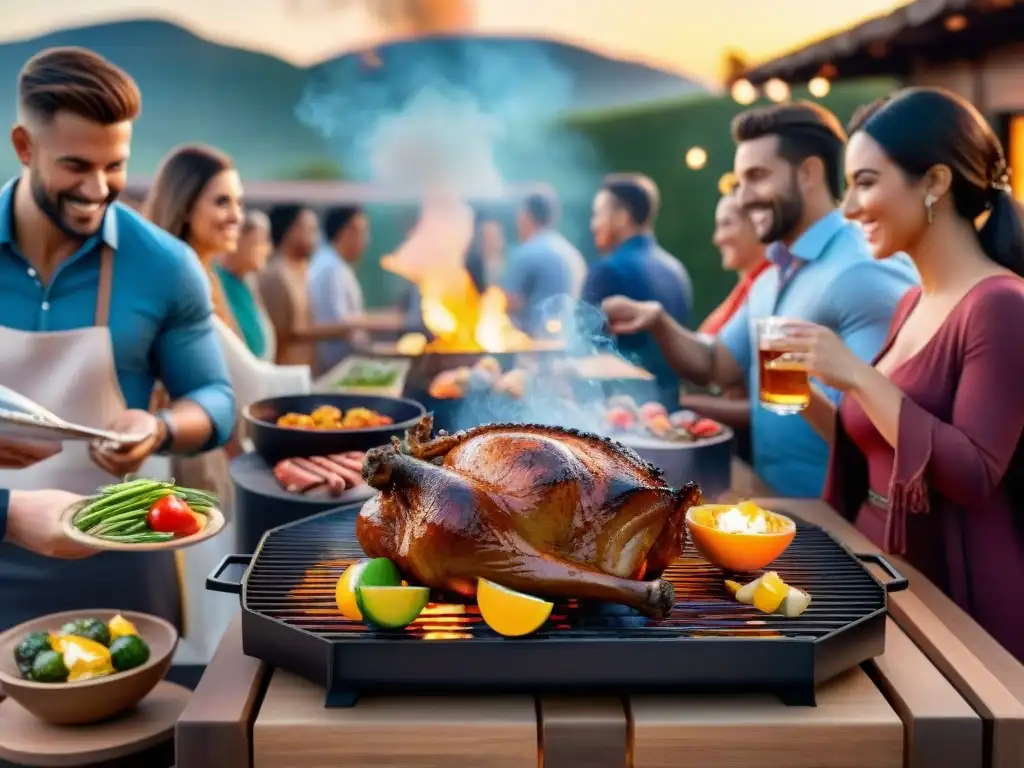 Escena vibrante de asado al aire libre con parrilla grande, invitados felices y decoraciones coloridas