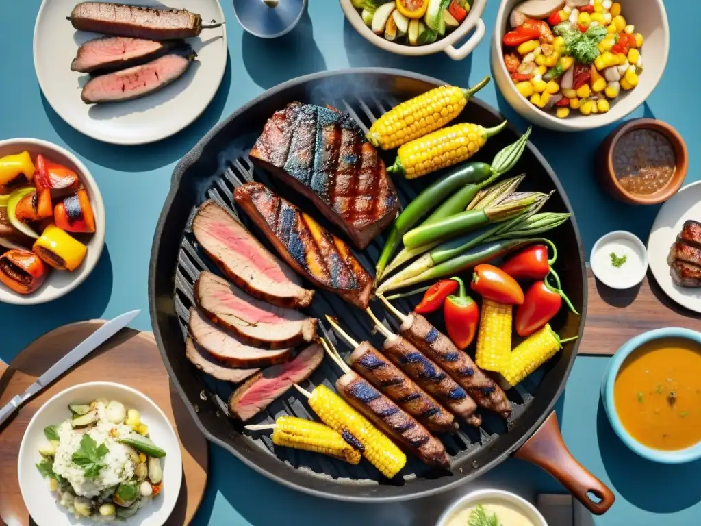 Una escena vibrante de un asado argentino con carnes suculentas, verduras a la parrilla y gente feliz