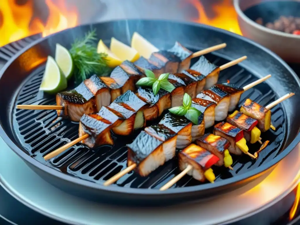 Escena vibrante de Asado de Anguila con Teriyaki: anguila brillante en parrilla japonesa con hierbas frescas y especias