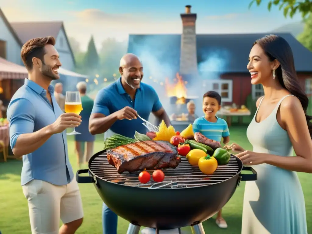 Escena vibrante de asado en familia con recetas divertidas y alegre convivencia al aire libre