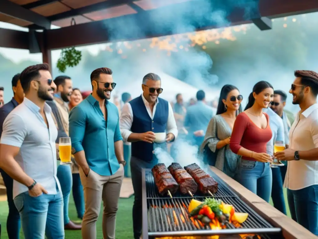 Una escena vibrante de un asado con marcas, donde personas disfrutan en un evento con psicología de marcas