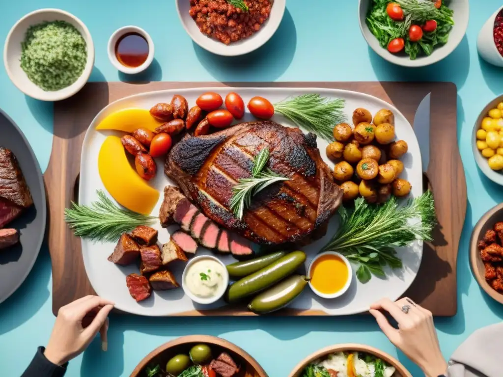 Una escena vibrante de un asado, con una paleta de colores y deliciosos platillos en una mesa de madera