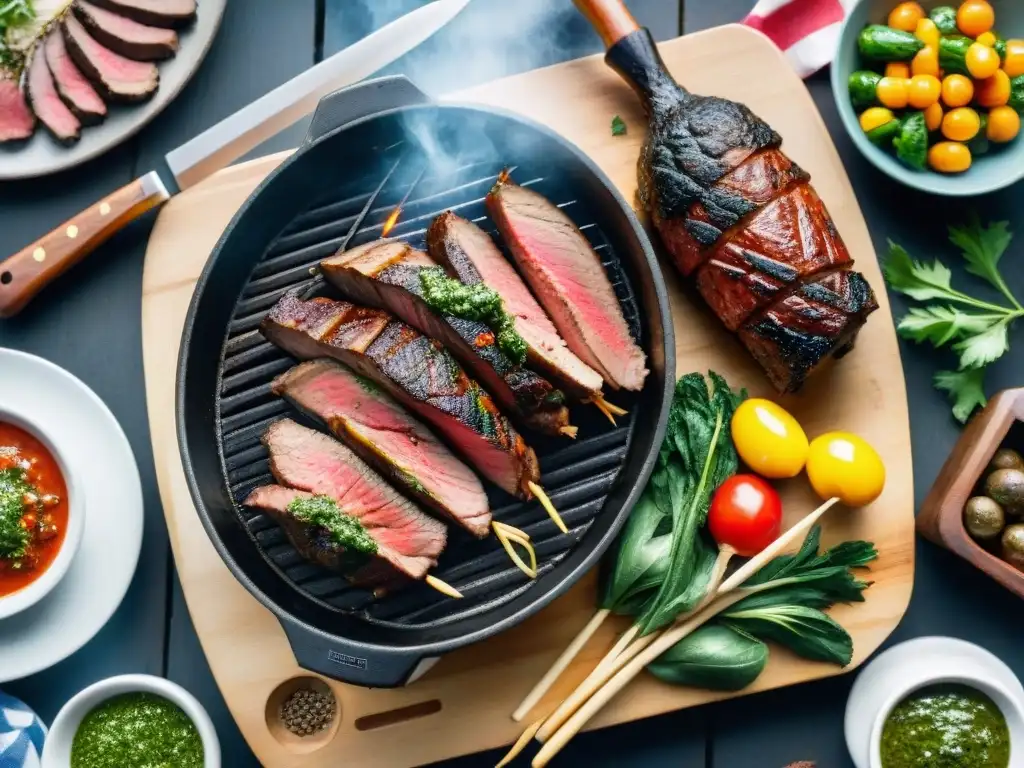 Una escena vibrante de un asado tradicional uruguayo, rodeado de amigos y familia bajo el cálido sol sudamericano