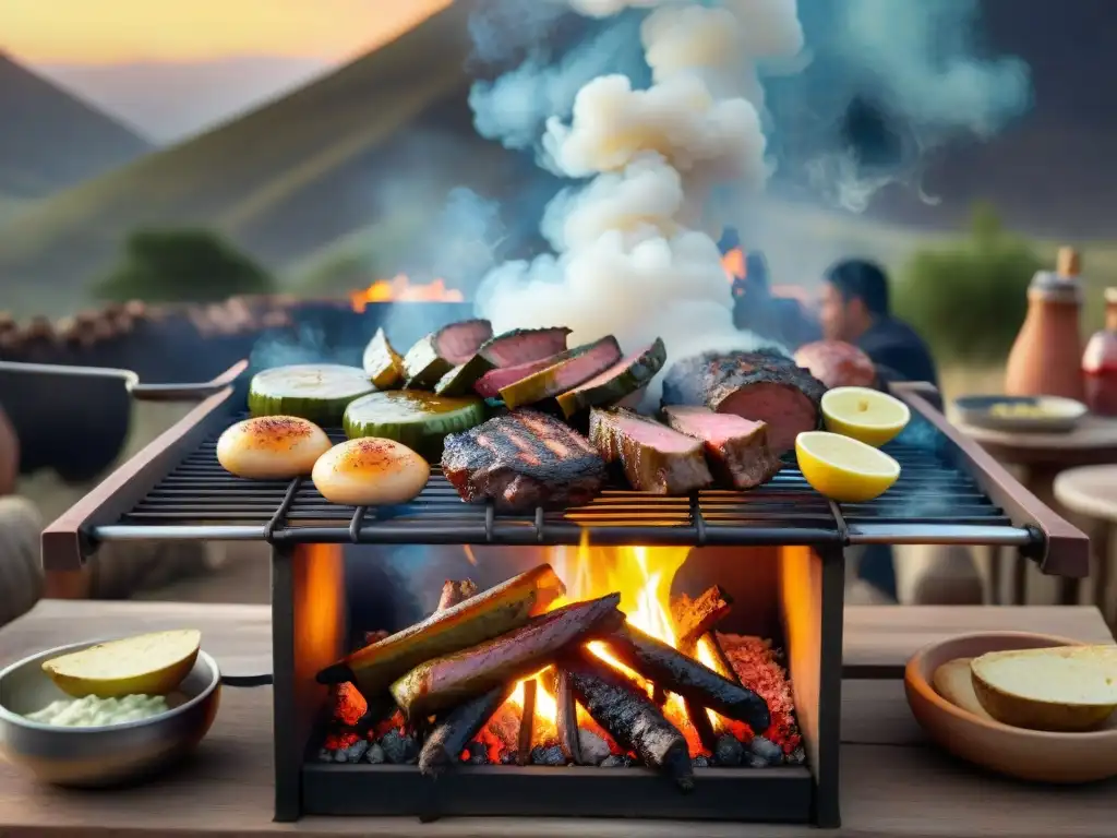 Una escena vibrante del asado tradicional uruguayo en Cerro Largo, con gauchos y una parrilla llena de carne