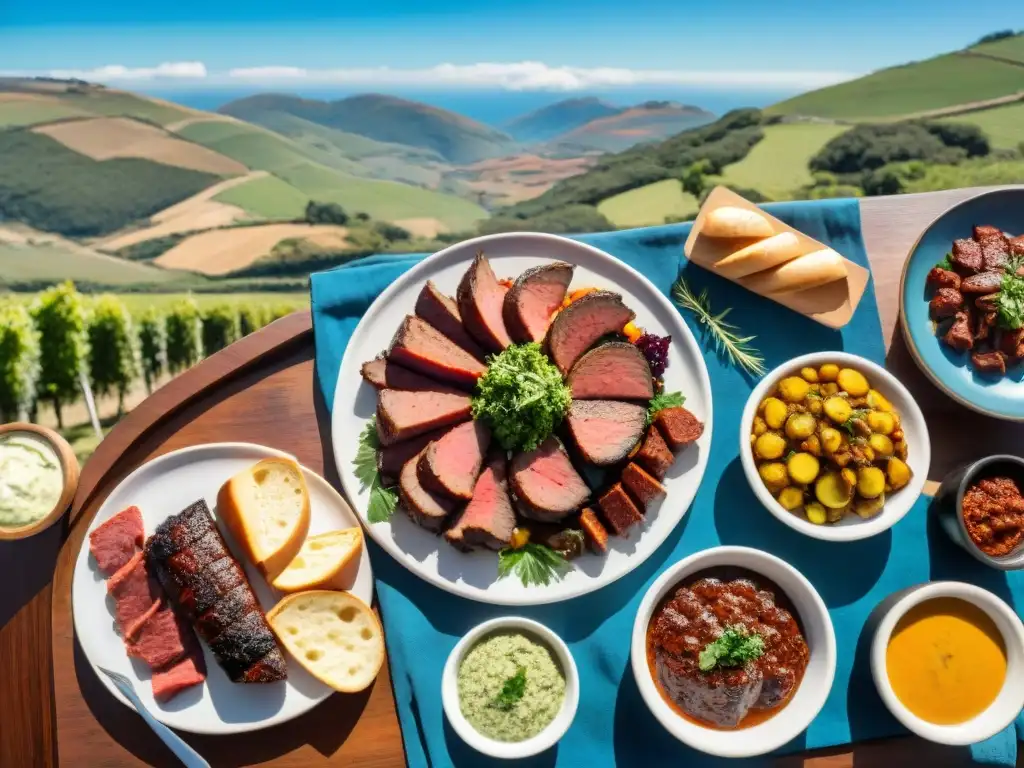 Una escena vibrante de un asado uruguayo con ingredientes locales, amigos y paisaje campestre