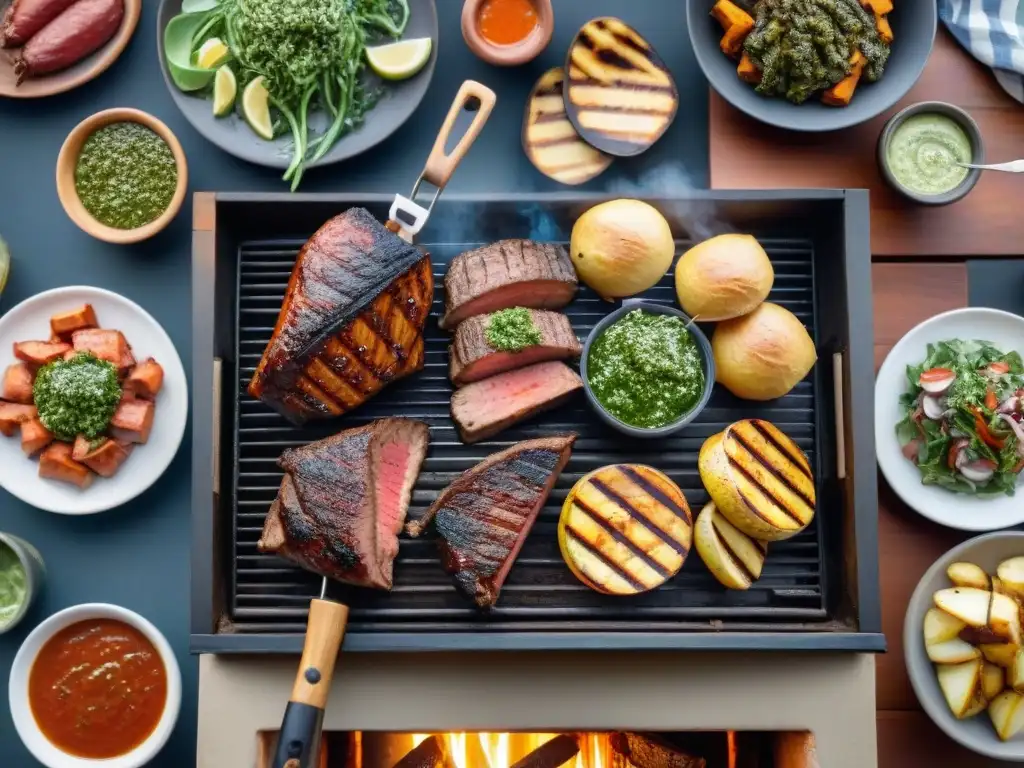 Escena vibrante de un asado uruguayo tradicional con grill repleto de carne, acompañada de chimichurri y tradición uruguaya