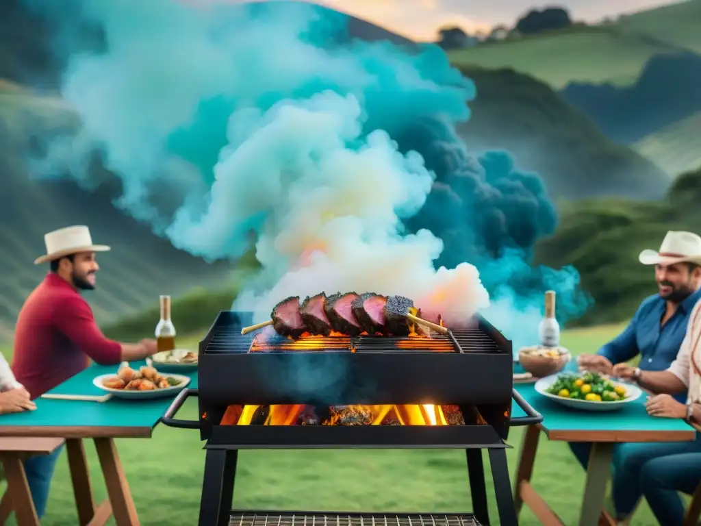 Escena vibrante de asado uruguayo en eventos con gente disfrutando de la comida y la tradición