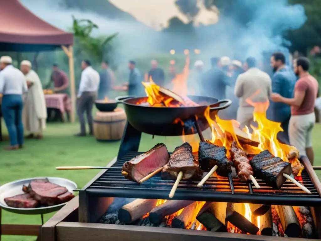 Escena vibrante de un asado uruguayo con patrocinio de marcas, donde la gente disfruta de la comida y la compañía en un ambiente cálido y acogedor