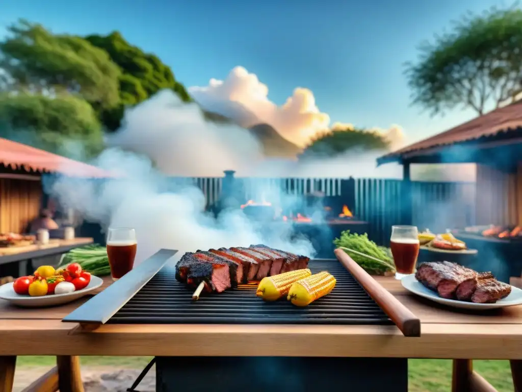 Una escena vibrante de un asado uruguayo tradicional con amigos sonrientes y una parrilla llena de carne y verduras