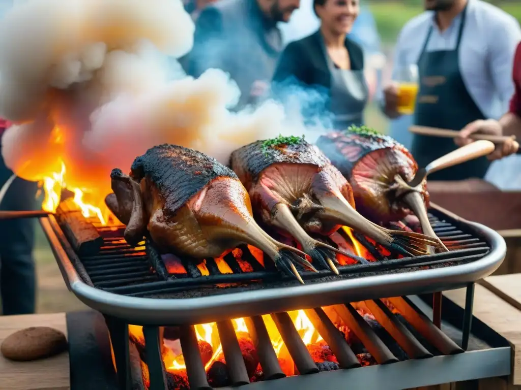 Una escena vibrante de un asado uruguayo, con una marca destacada en eventos asado uruguayo, rodeada de alegría y camaradería