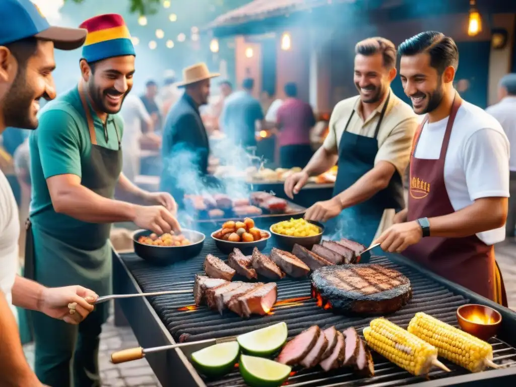 Una escena vibrante en un asado uruguayo con una gran parrilla, gente riendo y disfrutando de comida deliciosa