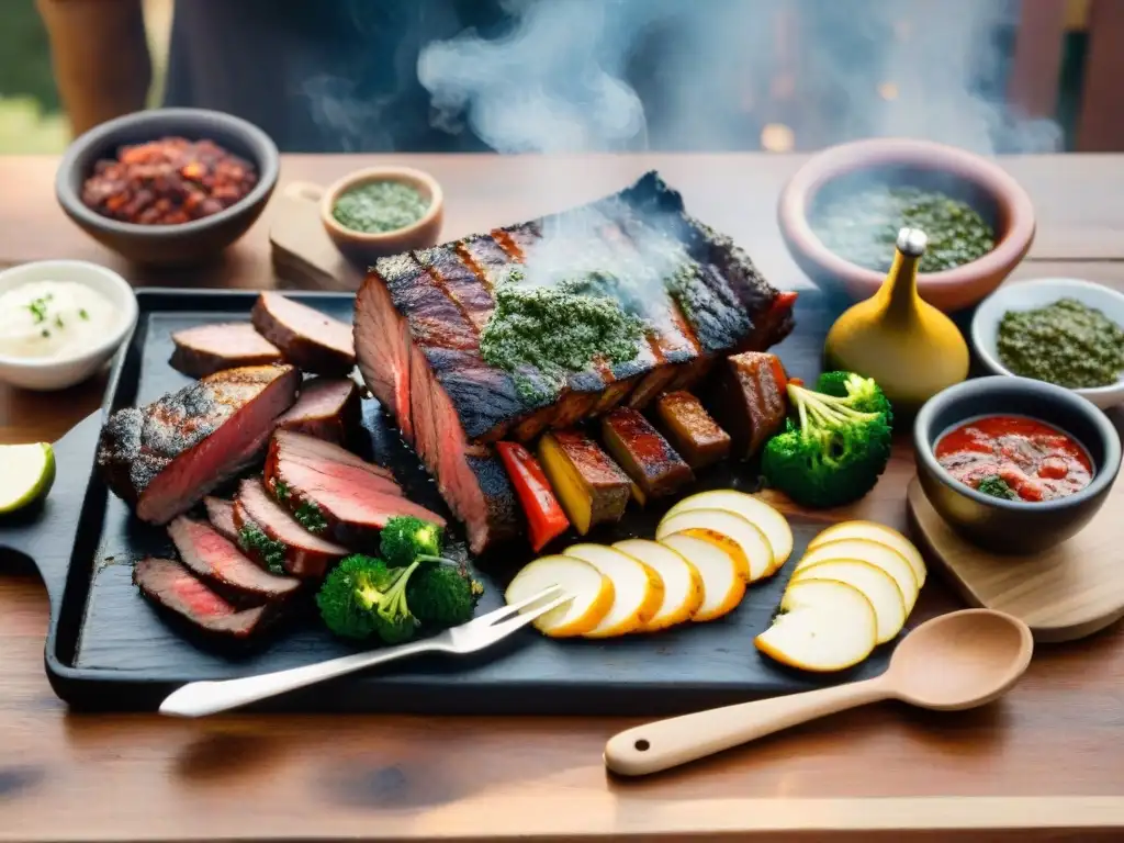 Una escena vibrante de un asado uruguayo tradicional en una mesa rústica de madera