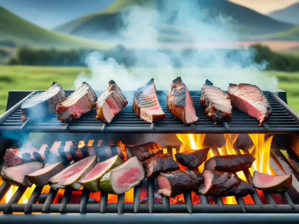 Una escena vibrante de un asado uruguayo en eventos especiales, con chefs preparando cortes de carne sobre brasas, rodeados de naturaleza