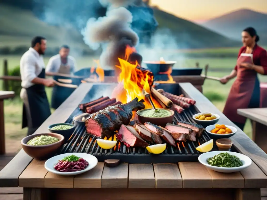 Escena vibrante de asado uruguayo con elementos culturales asado uruguayo: carnes, chimichurri, vino tinto y gauchos