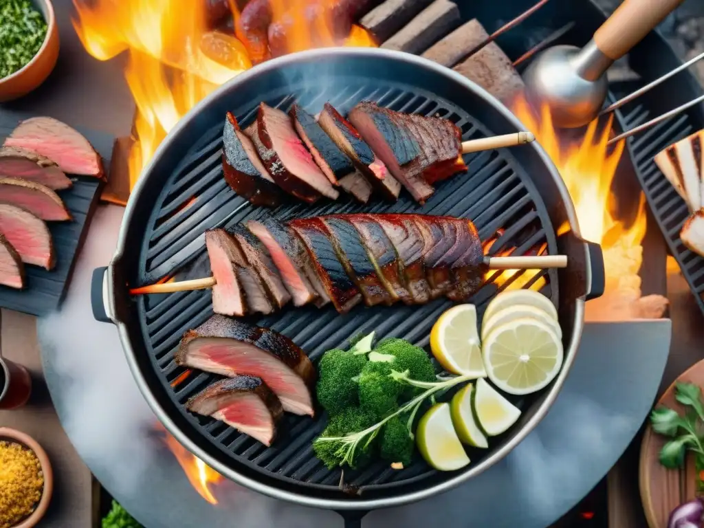 Una escena vibrante de un asado uruguayo tradicional con amigos ansiosos