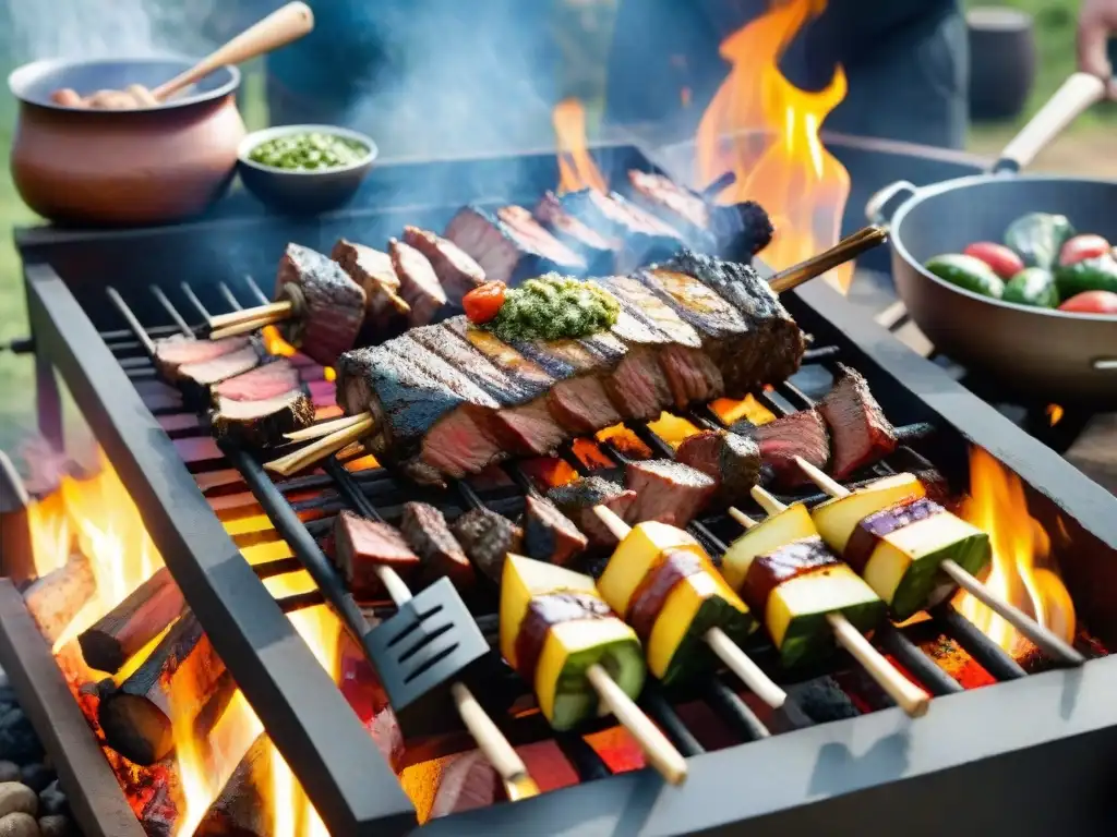 Una escena vibrante de un asado uruguayo, con carne grillada y chimichurri, rodeada de familia y amigos