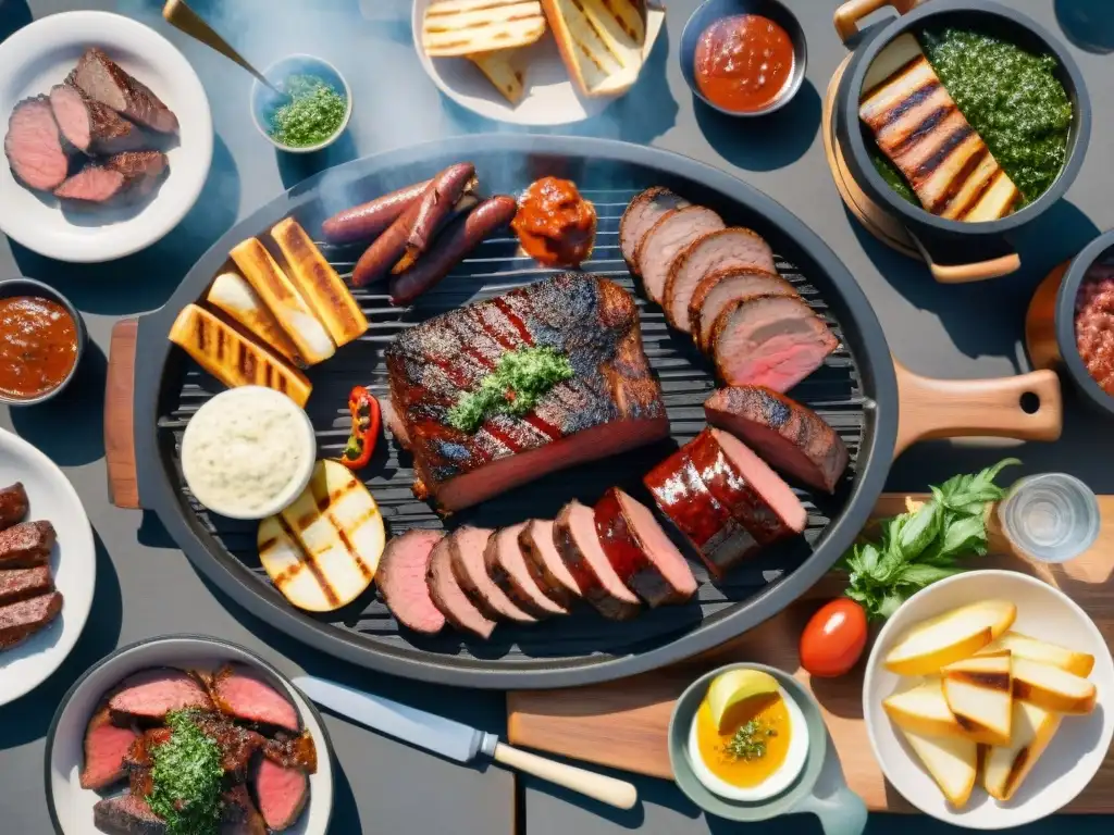 Una escena vibrante de un asado uruguayo en una parrilla tradicional, rodeada de coloridos chimichurris y amigos disfrutando