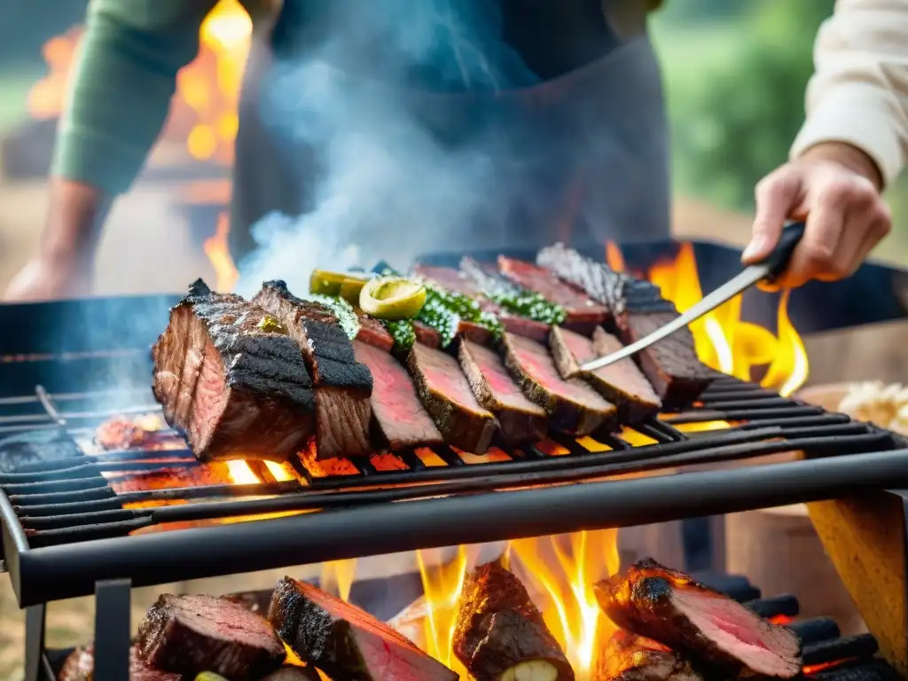 Una escena vibrante de un asado uruguayo tradicional, con cortes de carne en la parrilla y amigos reunidos