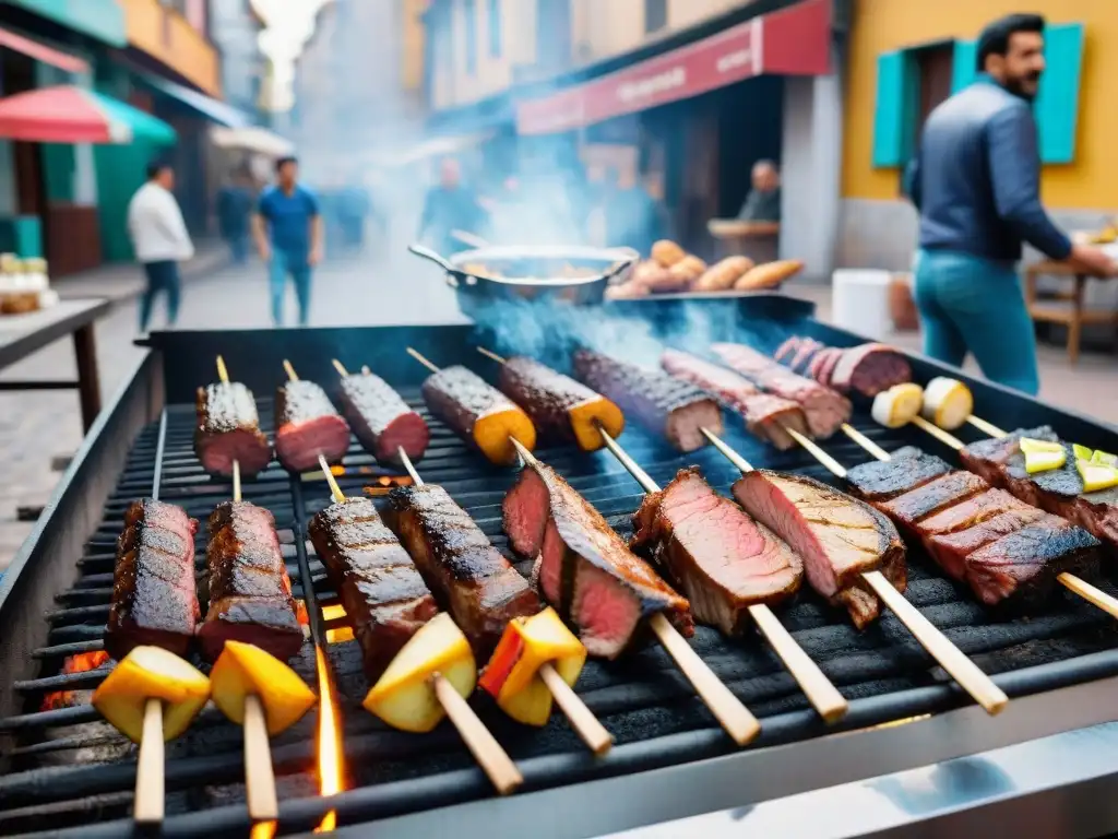 Una escena vibrante de un asado uruguayo tradicional en Montevideo, con una variedad de carnes a la parrilla y locales disfrutando