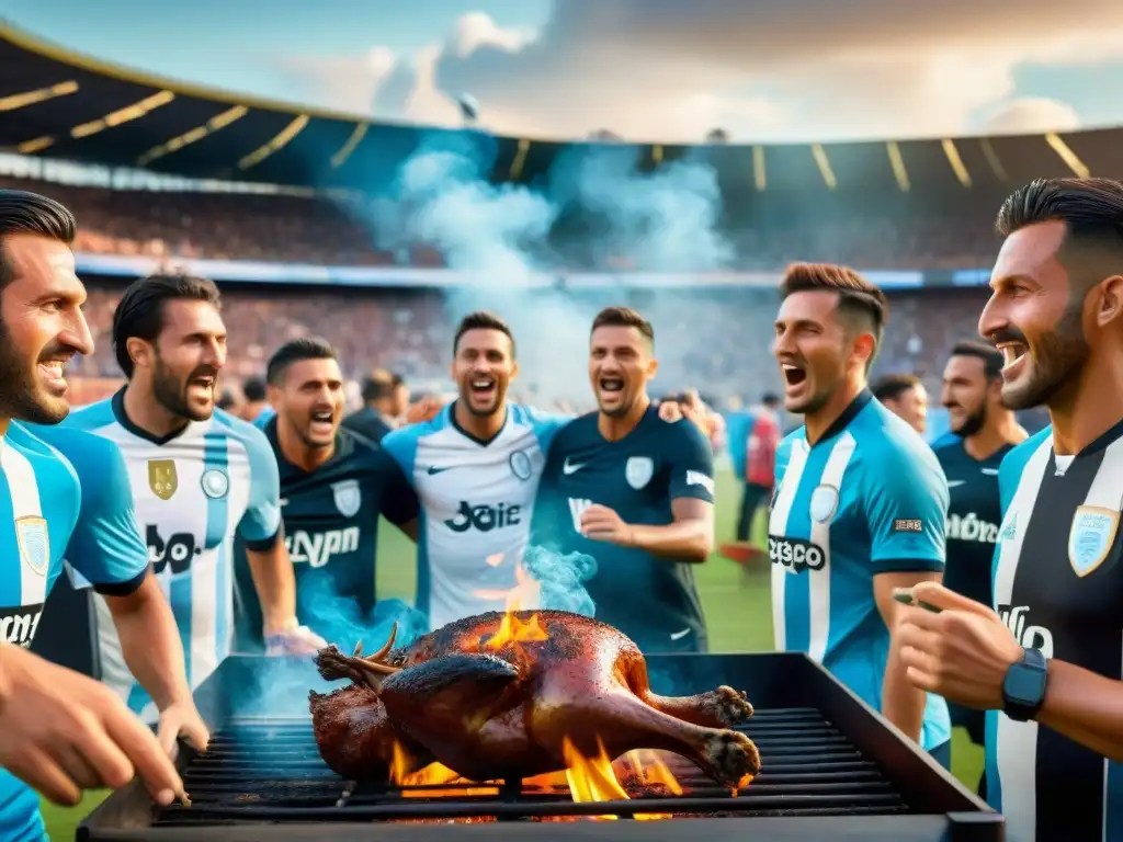 Una escena vibrante que fusiona el asado uruguayo y el deporte en un ambiente culturalmente rico y lleno de pasión