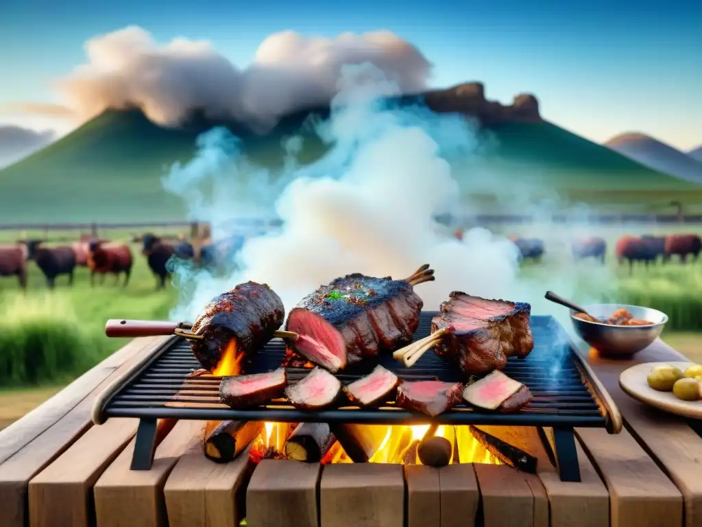 Una escena vibrante del asado uruguayo con gauchos y parrilla en las verdes pampas bajo cielo azul, evocando tradiciones del asado uruguayo