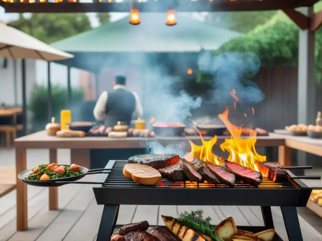 Una escena vibrante de un asado uruguayo tradicional, con amigos alrededor de la parrilla, disfrutando de la tradición y el sabor del mundo