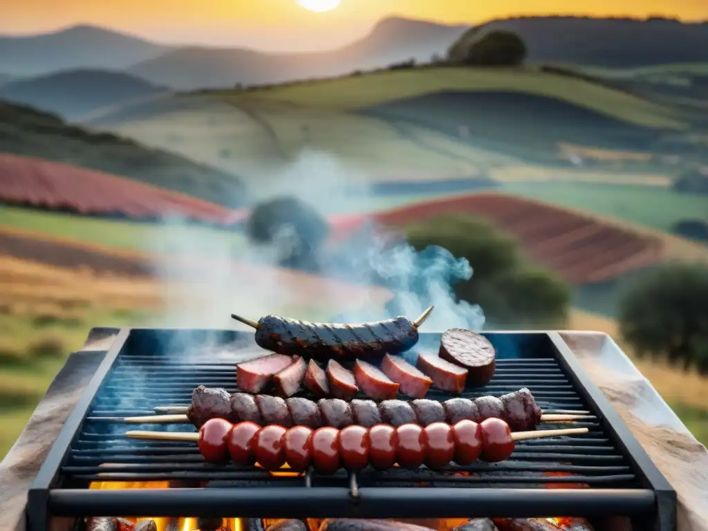 Una escena vibrante de un asado uruguayo tradicional en el campo al atardecer con gauchos y deliciosas carnes