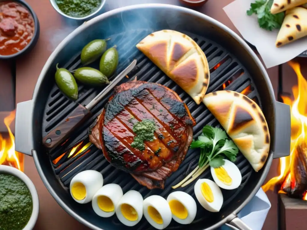 Escena vibrante de un asado uruguayo tradicional con guarniciones irresistibles