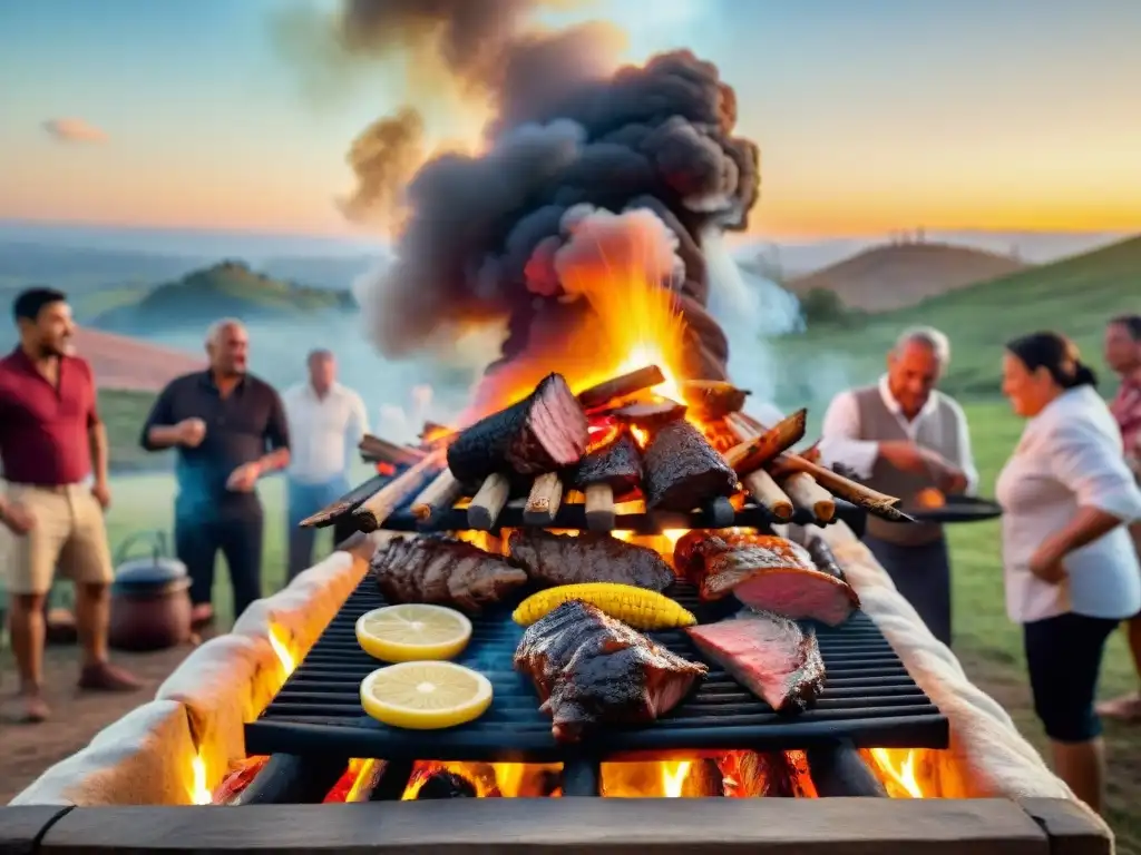 Una escena vibrante de tradición del asado uruguayo vivo: amigos y familia disfrutando de un asado al atardecer, con carne sizzling en la parrilla