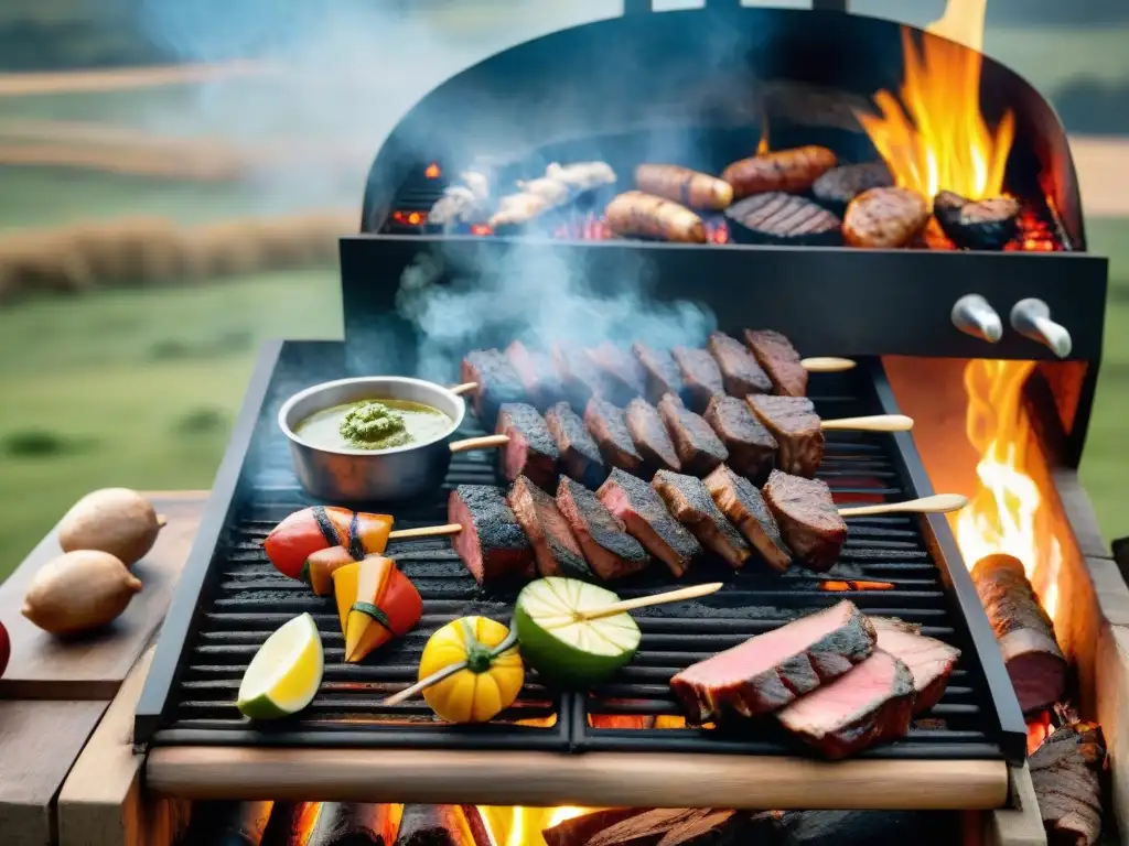 Una escena vibrante de un asado uruguayo tradicional con gauchos y deliciosos secretos del asado uruguayo