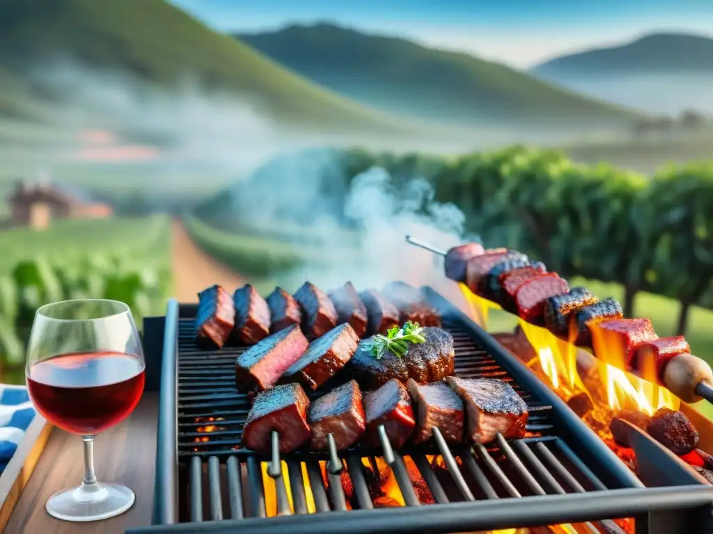 Una escena vibrante de un asado uruguayo con parrilla, carne a la parrilla y vino Tannat