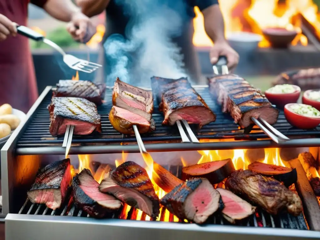 Una escena vibrante de asado uruguayo con amigos y familia disfrutando, resaltando los beneficios sociales del asado uruguayo