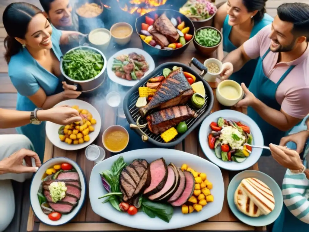 Una escena vibrante de un asado uruguayo saludable al aire libre con amigos y familiares, destacando la salud cardiovascular y la camaradería